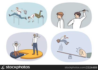 Set of diverse businessman compete for job with rival. Collection of men employees or workers engaged in competition for workplace. Rivalry and opposition. Flat vector illustration.. Set of diverse businessmen compete for workplace