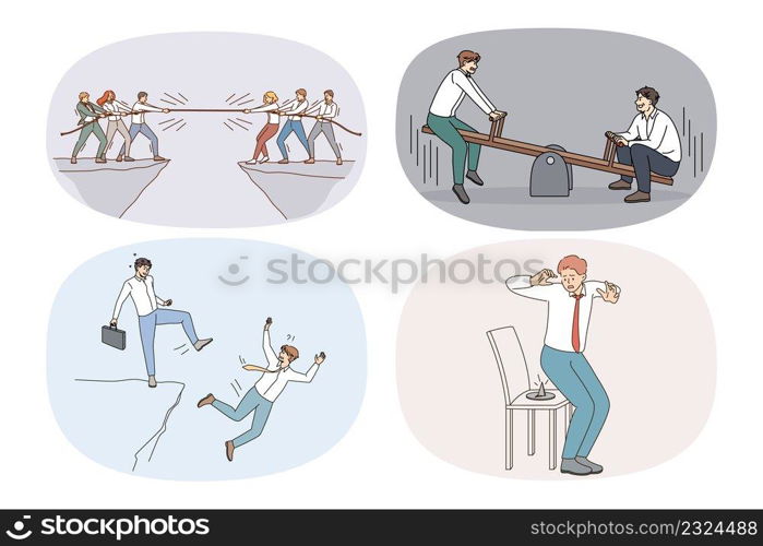 Set of diverse businesspeople involved in job competition for work place. Concept of rivalry and leadership. Collection of employees compete with colleagues for position. Vector illustration.. Collection of businesspeople have job competition