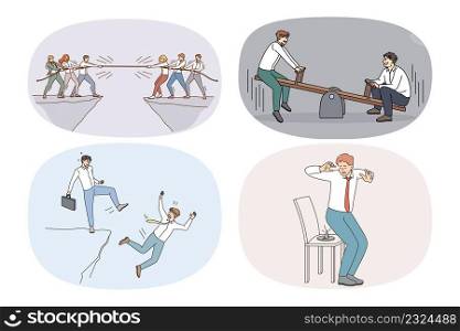 Set of diverse businesspeople involved in job competition for work place. Concept of rivalry and leadership. Collection of employees compete with colleagues for position. Vector illustration.. Collection of businesspeople have job competition