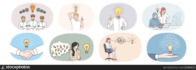 Set of diverse businesspeople with light bulb think of problem solution. Collection of employees or workers with lightbulb brainstorm generate innovative business idea. Vector illustration. . Set of employees with light bulb generate business idea
