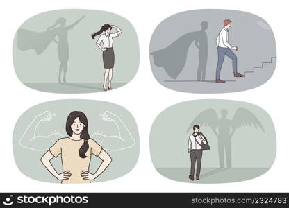 Set of diverse employees as superheroes with wings, power arms or cape strive for success. Collection of men and women as heroes at work achieve goals and aims. Vector illustration.. Set of diverse businesspeople as superheroes
