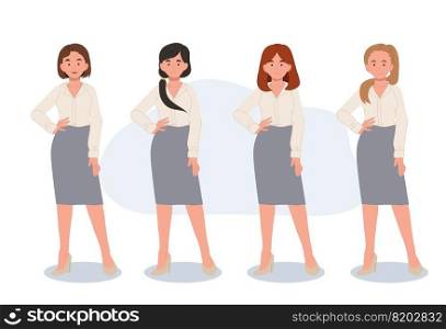 Set of diverse girls with different hairstyles in formal office worker dress up.
