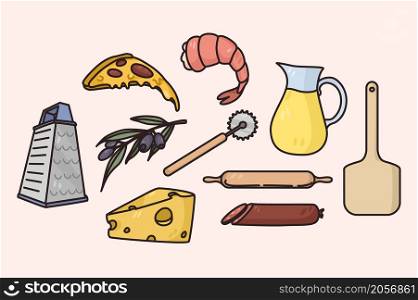 Set of diverse Italian cuisine ingredients for pizza or pasta. Collection of traditional food meal products of Italy origin. Olives, cheese and shrimps. Tools and equipment. Vector illustration. . Set of diverse Italian cuisine products and tools