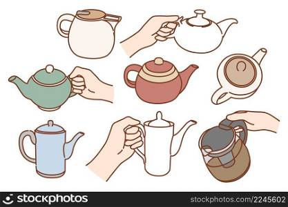 Set of diverse kettles of different shapes and sizes. Collection of teapots for tea ceremony. Person hand hold kitchenware serve warm hot beverage in kitchen. Home appliance. Vector illustration. . Set of diverse kettles of various sizes and shapes 