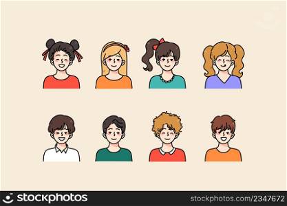 Set of diverse little happy children show different emotions and face expressions. Collection of smiling small boys and girls kids feel cheerful and positive. Childhood concept. Vector illustration. . Set of diverse smiling small children