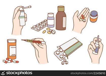 Set of diverse medications to relieve illness symptoms. Collection of pills and drugs, syrup and spray for sick or ill patient. Medicine and healthcare concept. Flat vector illustration. . Set of diverse medications and pills for patient