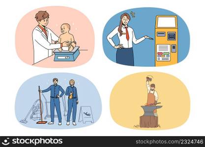 Set of diverse men and women have various jobs and occupations. Collection of people professions and careers. Pediatrician, banker, housekeeper and blacksmith. Vector illustration.. Set of people having various occupations