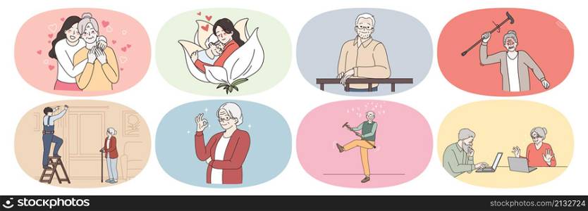 Set of diverse old grandparents with relatives or caregiver enjoy good happy maturity life. Bundle of senior people use computer or enjoy active days. Geriatrics and elderly. Vector illustration.. Set of diverse mature people enjoy good maturity days