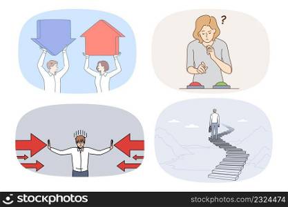 Set of diverse people brainstorm make decision. Collection of businesspeople feel frustrated confused deciding or solving business problem or finding solution. Flat vector illustration.. Set of diverse brainstorm making decision