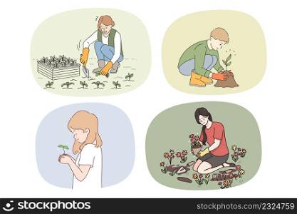 Set of diverse people enjoy gardening plant seed and seedlings in ground. Collection of men and women engaged in hobby activity work with greenery and plants. Vector illustration.. Set of people enjoy gardening outdoors