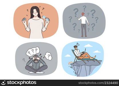 Set of diverse people feel confused unhappy think of problem solution. Collection of men and women surrounded with question marks brainstorm over trouble solving. Vector illustration.. Set of people feel confused solving problem