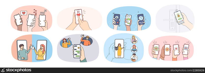 Set of diverse people hands hold cellphone in hands communicate online on gadget. Collection of users enjoy texting messaging on smartphone. Communication and social media. Vector illustration. . Bundle of people use smartphones communicate online