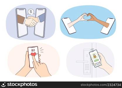 Set of diverse people hands hold cellphones for online communication. Collection of persons use applications on modern smartphones for transactions and chat. Technology. Vector illustration.. Set of people use smartphones for online communication