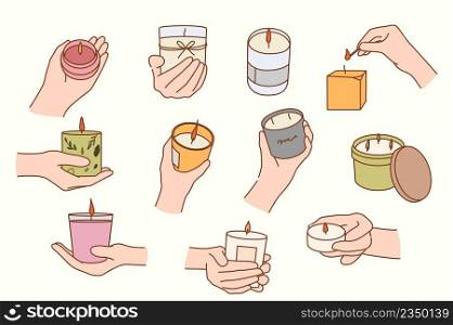 Set of diverse people hold candles make cozy atmosphere at home. Collection of modern scented wax candles with essential oils. Aromatherapy and hygge concept. Vector illustration. . Set of people hold scented oil candles 