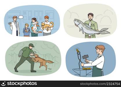 Set of diverse people occupations and professions. Collection of man working at various jobs and works. Employment and career. Vet doctor, fisherman, dog trainer, blacksmith. Vector illustration.. Set of diverse male occupations and jobs