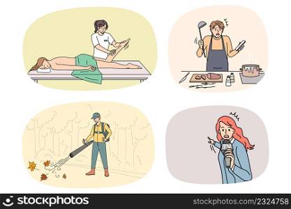 Set of diverse people occupations and professions. Collection of men and women working as chef, masseuse, news reporter or cleaner. Person career and employment. Vector illustration.. Set of diverse people occupations
