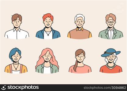 Set of diverse people of different ages and genders profile pictures. Collection of smiling young and old men and women avatar portraits and faces. Generation and diversity. Vector illustration. . Set of diverse old and young people headshots