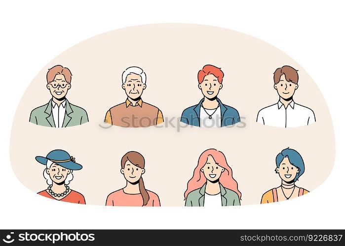 Set of diverse people of different ages and genders profile pictures. Collection of smiling young and old men and women avatar portraits and faces. Generation and diversity. Vector illustration.. Set of diverse old and young people headshots