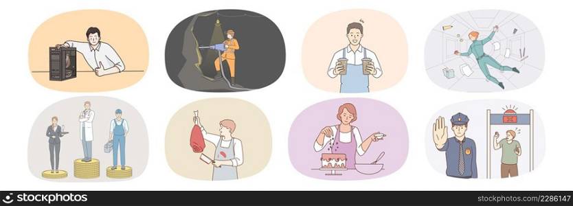 Set of diverse people professions. Collection of man and women employee at workplace. Person occupation and job. Engineer, policeman and spaceman. Chef, waiter and butcher. Vector illustration. . Set of diverse people occupations and jobs 