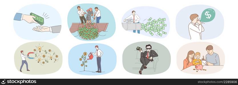 Set of diverse people receive money dividend from successful investment. Collection of men and women get money profit or passive income. Financial stability and success. Vector illustration. . Collection of people get dividend from money investment