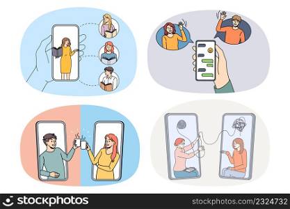Set of diverse people use smartphones communicate on internet using cellphone apps. Collection of men and women hold cellphone talk message online in gadgets. Technology. Vector illustration.. Set of people use cellphones communicating online