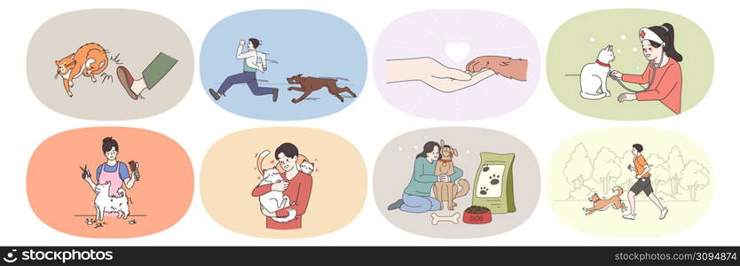 Set of diverse people with cats and dogs enjoy life with domestic animals. Collection of men and women take care of pets. Grooming and vet service concept. Flat vector illustration.. Set of diverse people with domestic pets