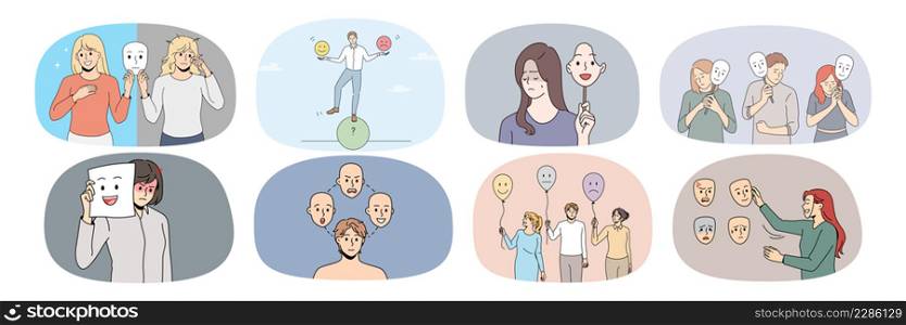 Set of diverse people with different emotions have bipolar disorder need psychological help. Collection of unhealthy men and women suffer from mental psychiatric problems. Vector illustration. . Collection of diverse people suffer from bipolar disorder