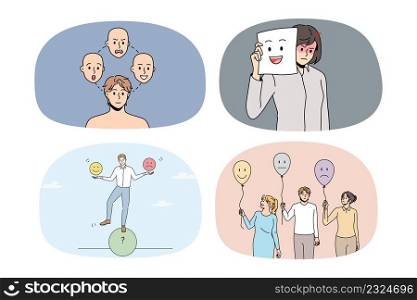Set of diverse people with different emptions suffer from bipolar disorder or mood swing. Collection of men and women struggle with mental psychological problems. Vector illustration.. Set of diverse people struggle with bipolar disorder