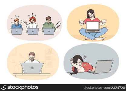 Set of diverse people work online on laptops on lockdown. Collection of men and women freelancers study or browse internet on computers. Technology and remote job. Vector illustration.. Set of diverse people working on computers online