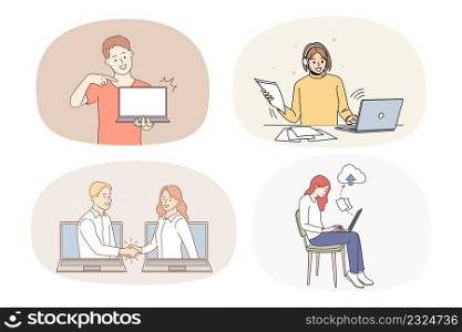 Set of diverse people working online on computer communicate with client. Collection of men and women use laptops networking on internet on lockdown. Vector illustration.. Set of diverse people working online on computers