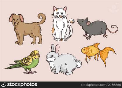 Set of diverse pets cat, dog and rabbit for home. Colorful collection of domestic animals rodent, parrot and fish. Children hobby activity, best friends concept. Flat vector illustration. . Collection of various pets or domestic animals