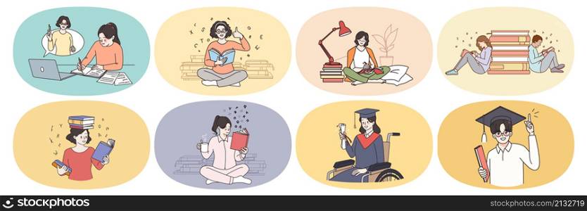Set of diverse students learn with textbooks, engaged in online training on computer. Collection of young people study with books prepare for exam. Education concept. Flat vector illustration.. Set of diverse people study with textbooks