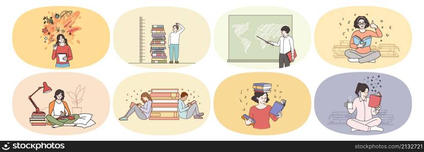 Set of diverse young people read books study prepare for exam or test. Bundle of students or pupils learn with textbooks. Education and training concept. Flat vector illustration.. Set of young people study with books