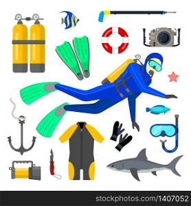 Set of diving equipment and diver on white background. Flat style