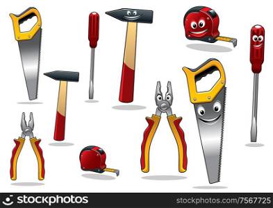 Set of DIY cartoon tools with a drill, tape, pliers, hammer, saw and screwdriver with smiling faces, vector illustration isolated on white