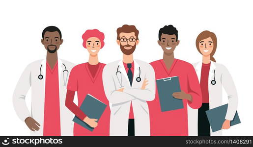 Set of doctors and nurses cartoon characters whith friendly smiles