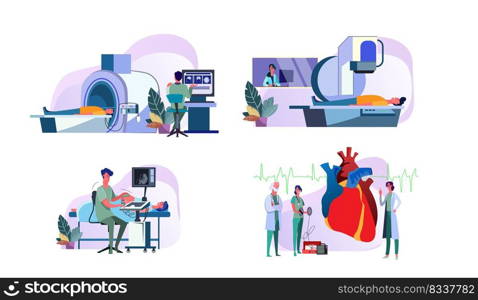 Set of doctors operating medical equipment examining patients. Diagnostic MRI tomograph, ultrasound scanner, X-ray machine scanning people. Heart cardiogram. Medicine, health flat vector illustration