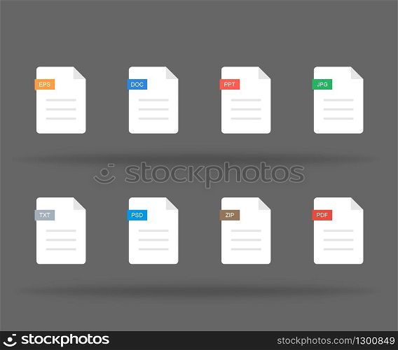 Set of document file formats like pdf, eps, doc, psd, txt, jpg and zip. Flat design. Vector EPS 10