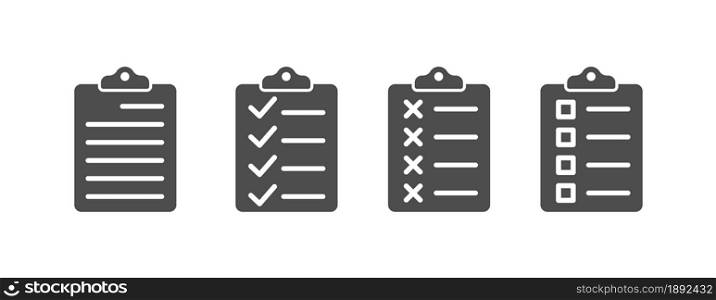 set of document icons. A document icon with text, a tick, a cross and a square. Flat style