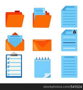 Set of Document Related symbol. Folder, Summary, Email, Spiral notebook, notes, To do list or planning, Management Icons. Flat style vector illustration isolated on white background. Set of Document Related symbol. Flat style