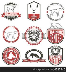 Set of Dog training center labels. Design element for logo, label, emblem, sign, badge. Vector illustration.