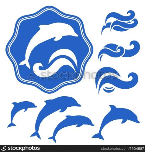 Set of Dolphins silhouettes. Blue waves on White