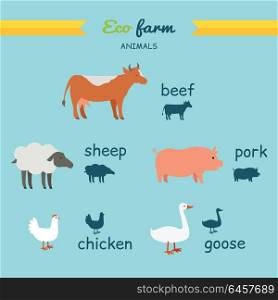 Set of domestic animals illustrations. Eco farm vector. Flat design. Country inhabitants concept. Picture for farming, animal husbandry, milk, meat and wool production companies. Isolated on white.. Set of Domestic Animals Flat Design Vector.