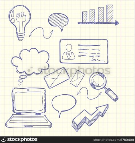 Set of doodle business management infographics elements icons background in the box. Laptop bubble graph letter badge magnifying glass lightbulb