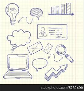 Set of doodle business management infographics elements icons background in the box. Laptop bubble graph letter badge magnifying glass lightbulb