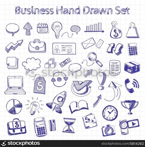 Set of doodle business management infographics elements icons on background in the box. Sketch collection of man bubble graph letter badge magnifying glass lightbulb chart arrow bow card. Hand drawn set