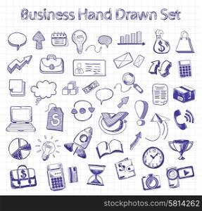 Set of doodle business management infographics elements icons on background in the box. Sketch collection of man bubble graph letter badge magnifying glass lightbulb chart arrow bow card. Hand drawn set