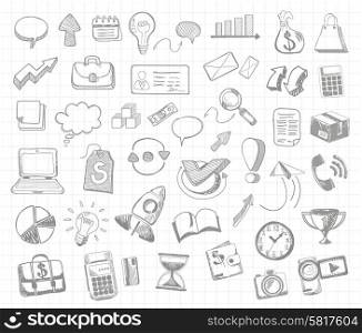 Set of doodle business management infographics elements icons on background in the box. Sketch collection of man bubble graph letter badge magnifying glass lightbulb chart arrow bow card