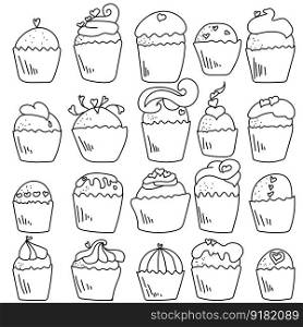 Set of doodle cupcakes with hearts decor, contour cupcake for Valentine&rsquo;s day, coloring page with sweet pastries vector illustration