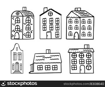 Set of doodle cute houses. Suitable for print, postcard, sketchbook cover, poster, stickers, your design. Black outlines. Vector illustration